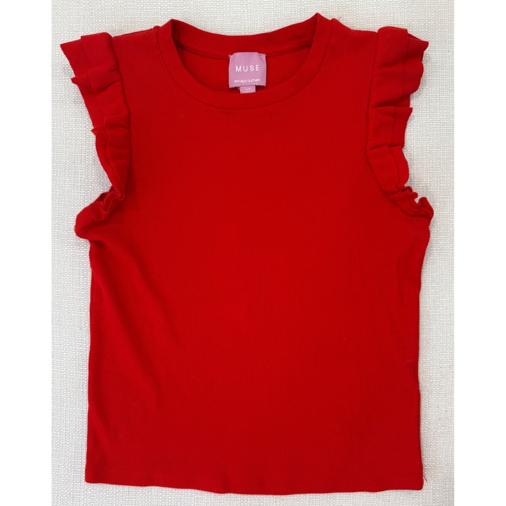 Muse Republic Clothing Top Womens S Red Ruffle Sleeve Ribbed Knit Excellent